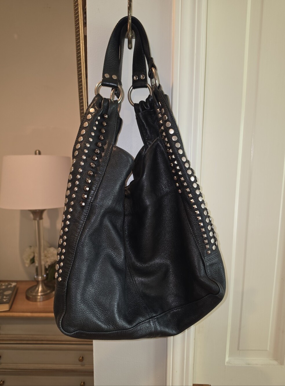 Leatherrock Black Studded Butter Soft Leather Hobo Bag With Dustbag